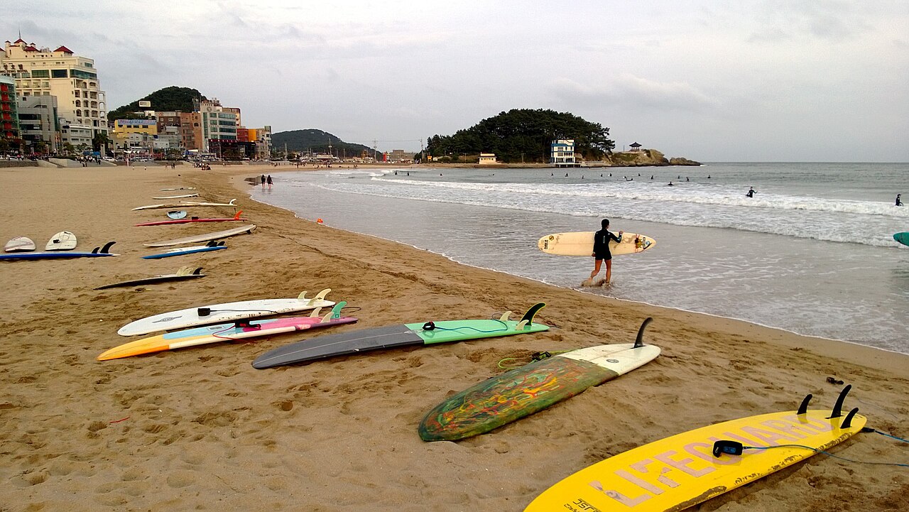 Surfboards on the sand at Songjeong Beach in Busan